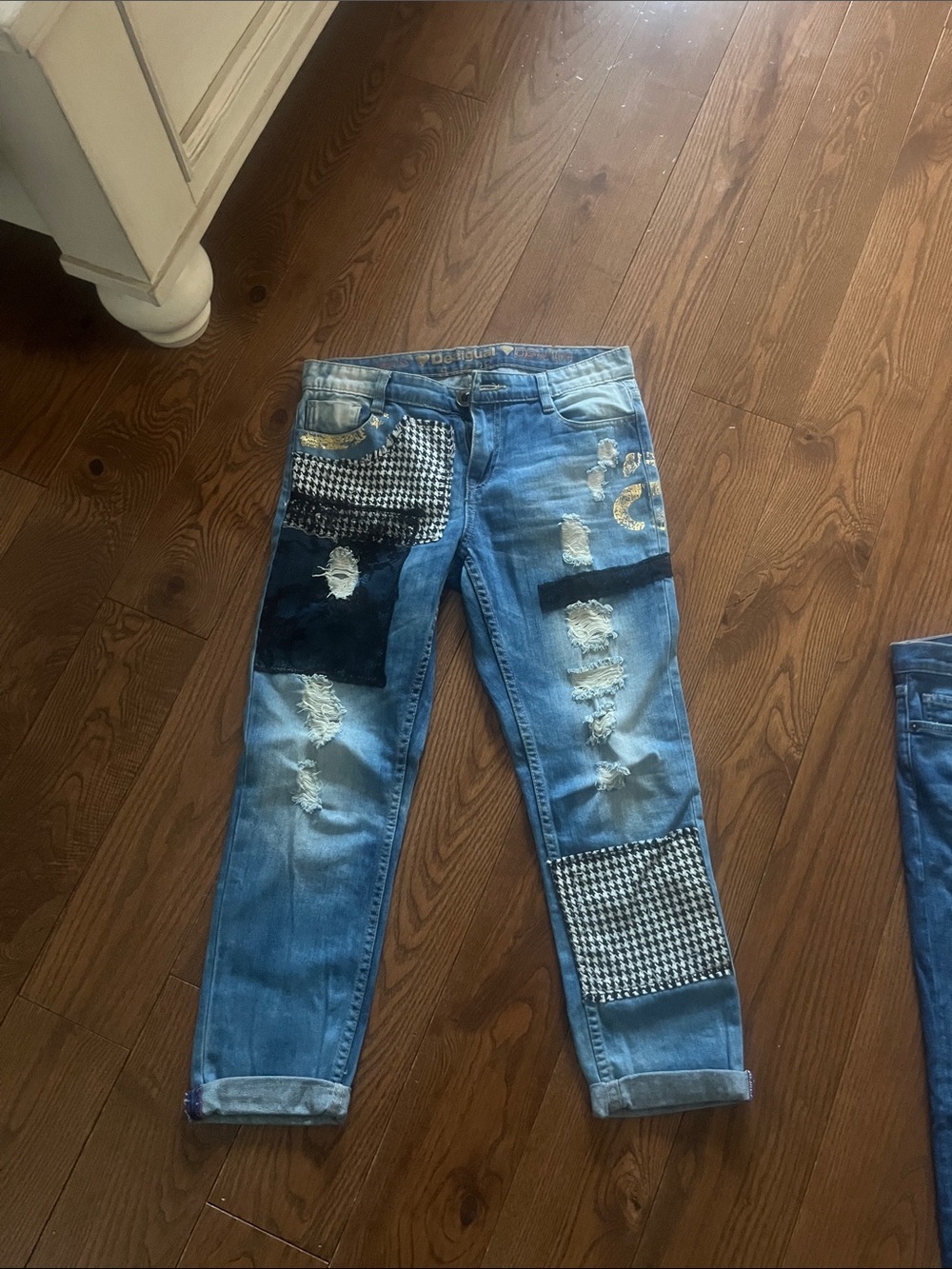 Desigual Blue Patchwork Distressed Jeans